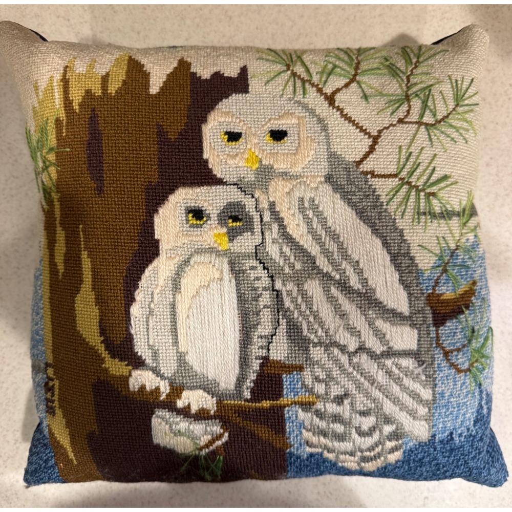 Vintage needlepoint 1976 Owl nesting in tree moon sky throw pillow 12x12